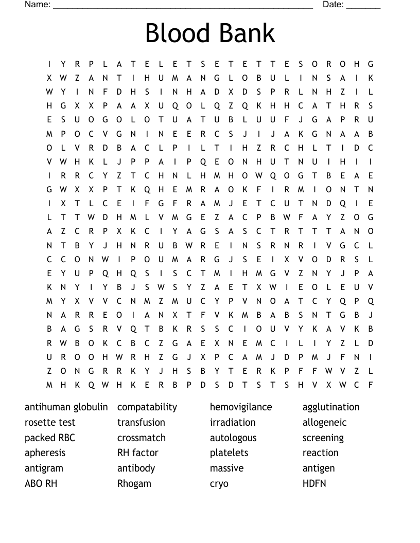 Blood Bank Word Search