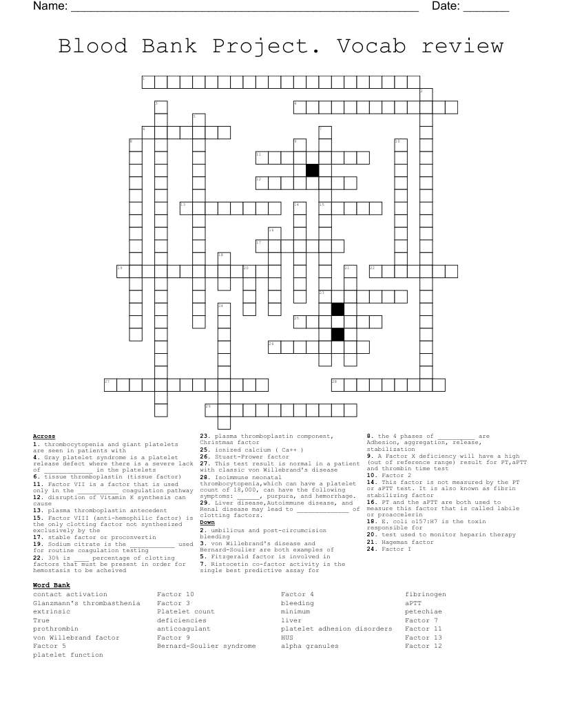 Blood Bank Project. Vocab review Crossword
