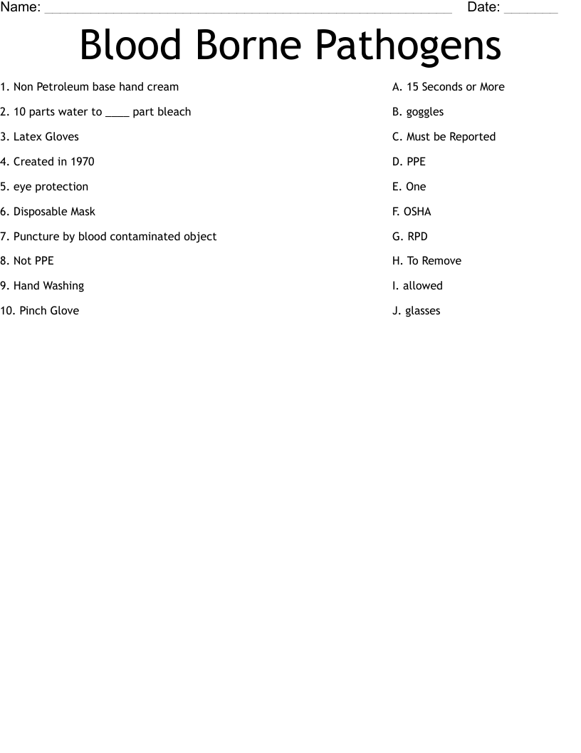 Blood Borne Pathogens Worksheet