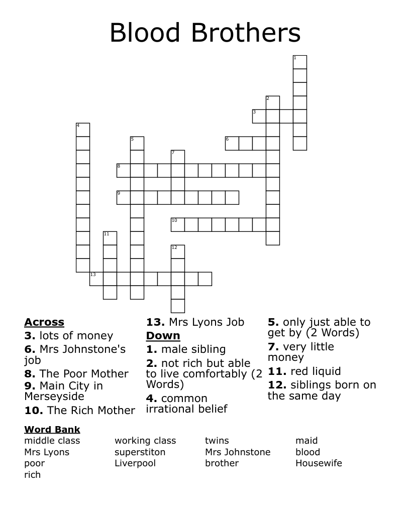 Blood Brothers Crossword