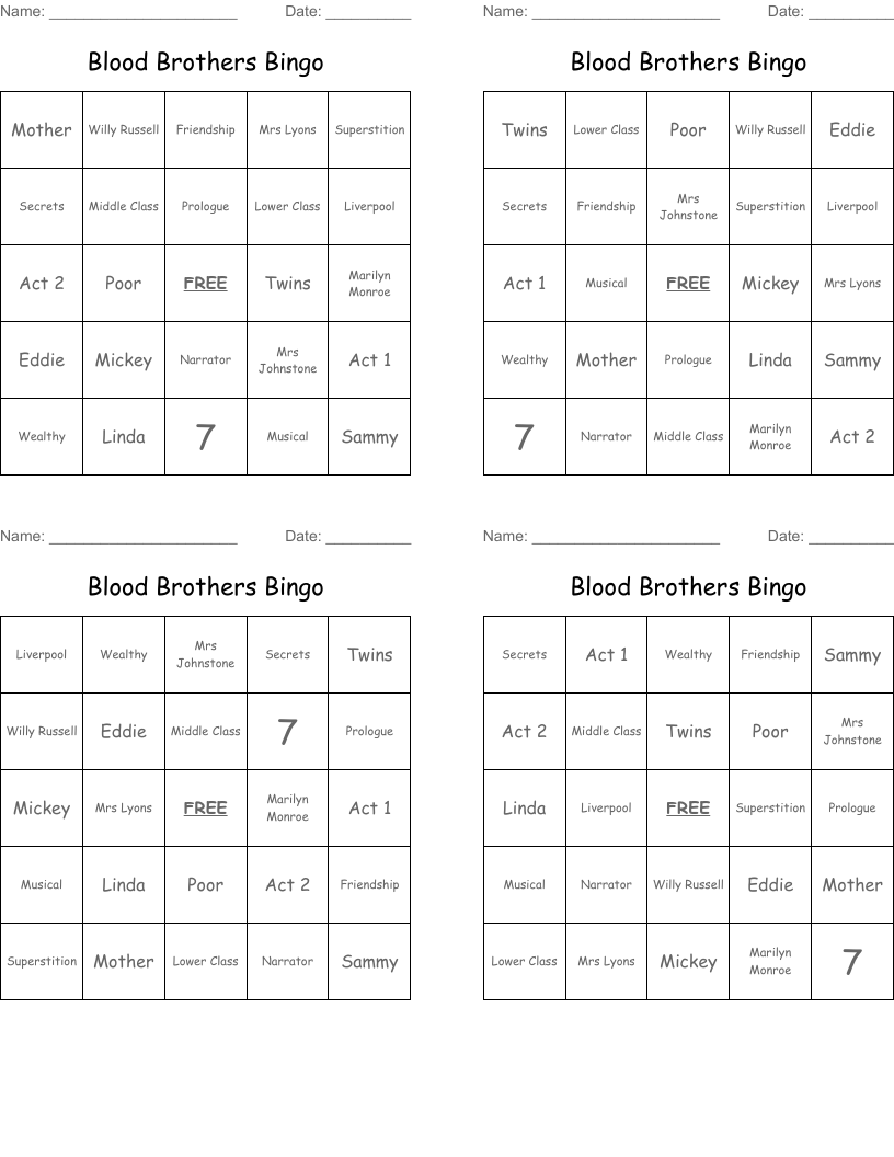 Blood Brothers Bingo