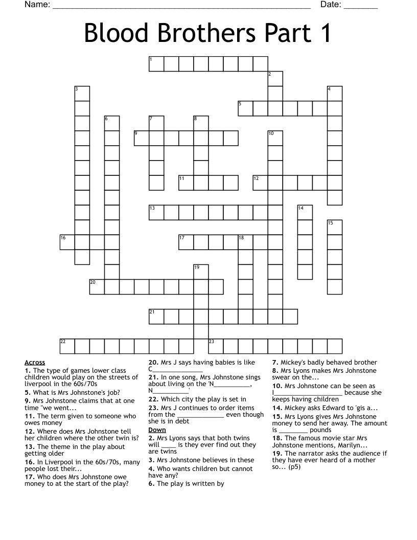 Blood Brothers Part 1 Crossword