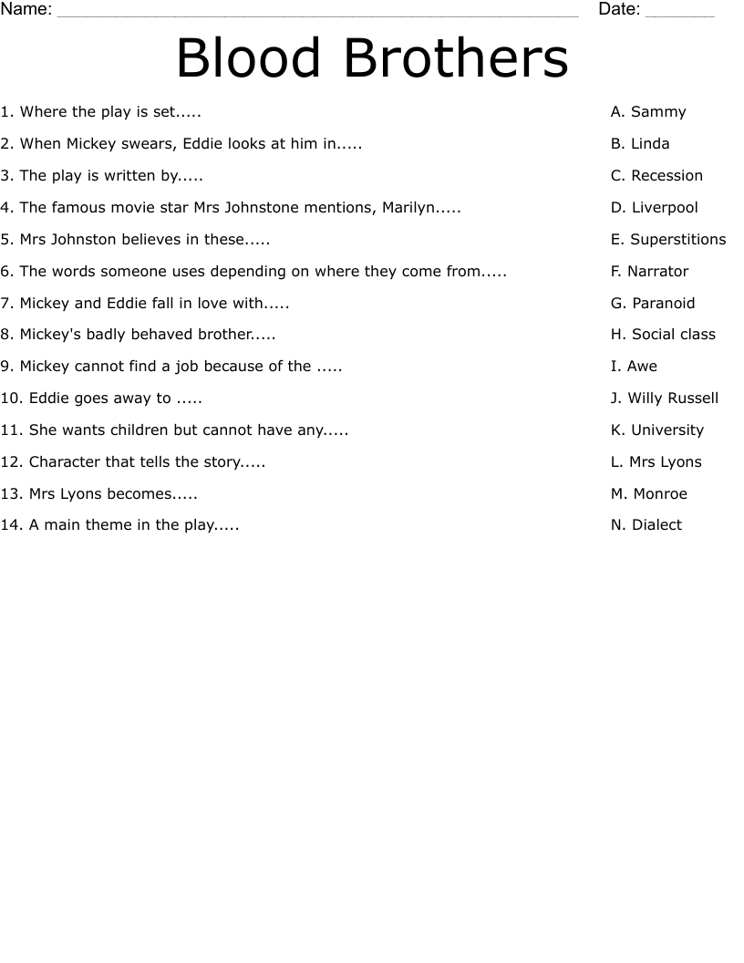 Blood Brothers  Worksheet