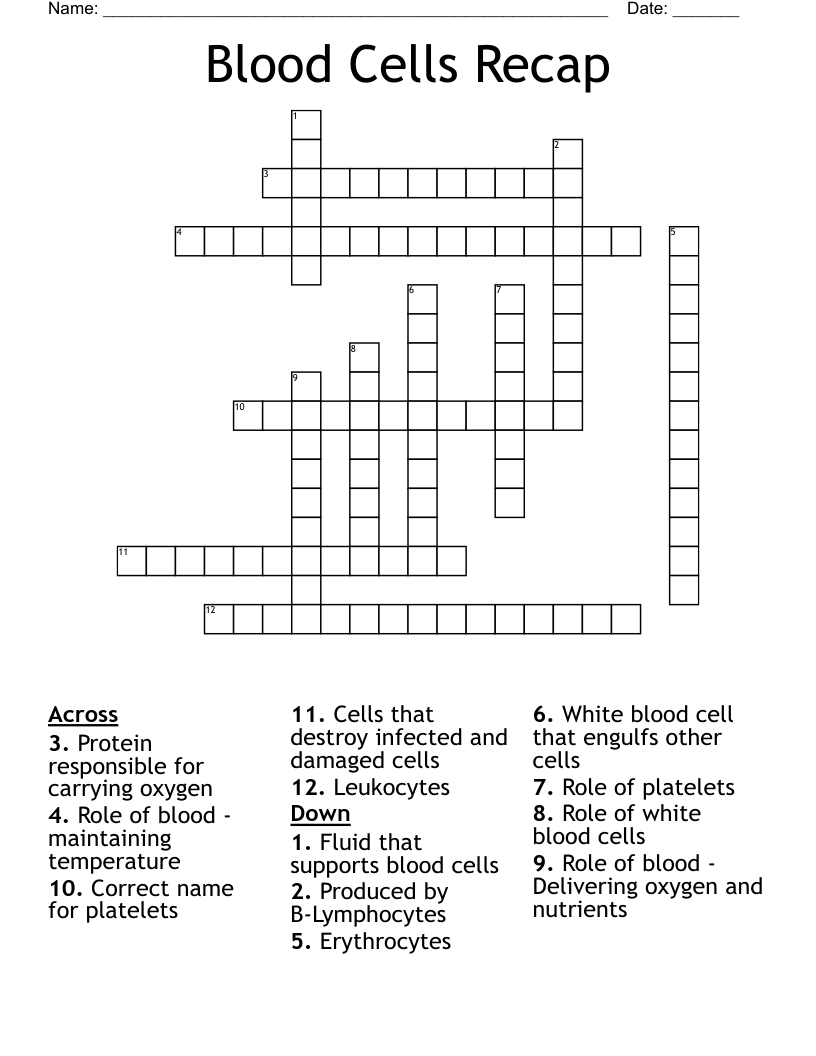 Blood Cells Recap Crossword