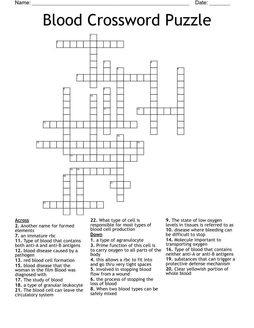 Blood Crossword Puzzle