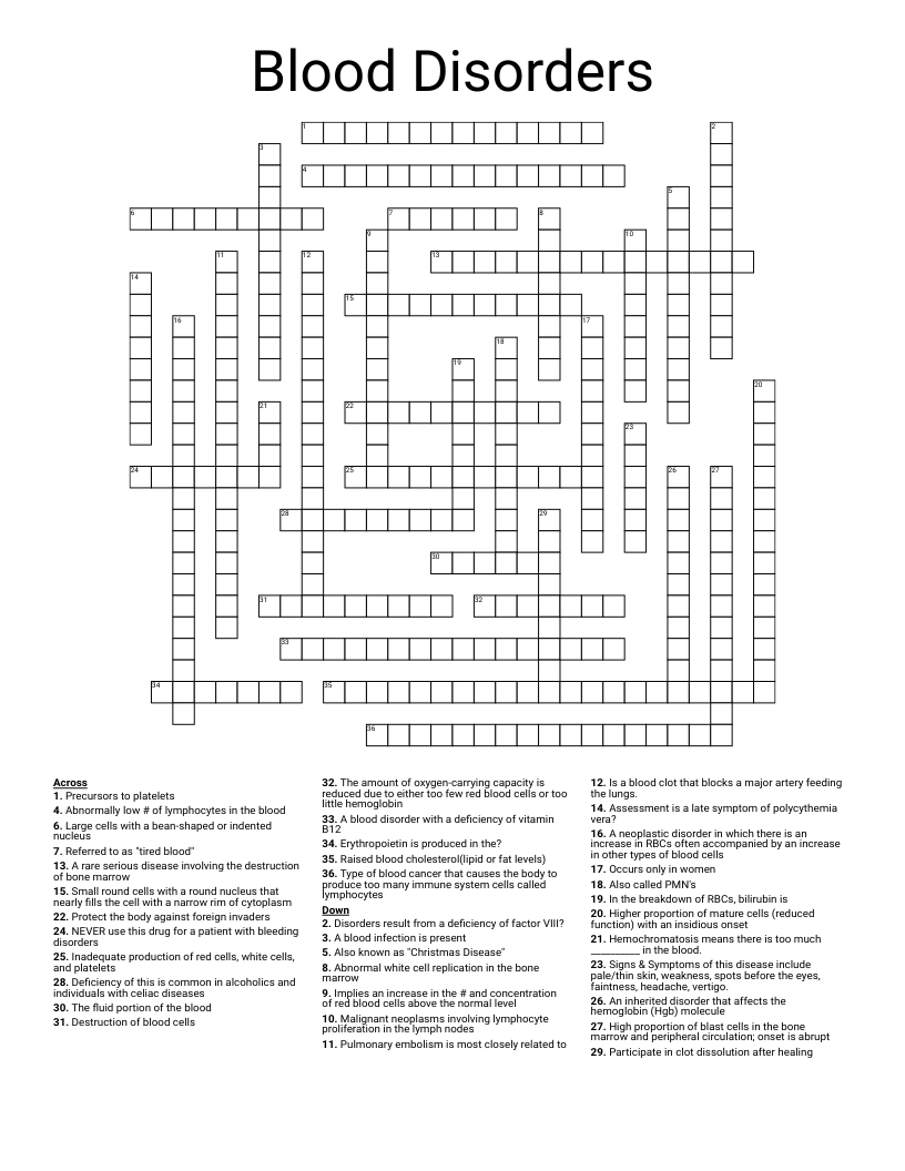 Blood Disorders Crossword