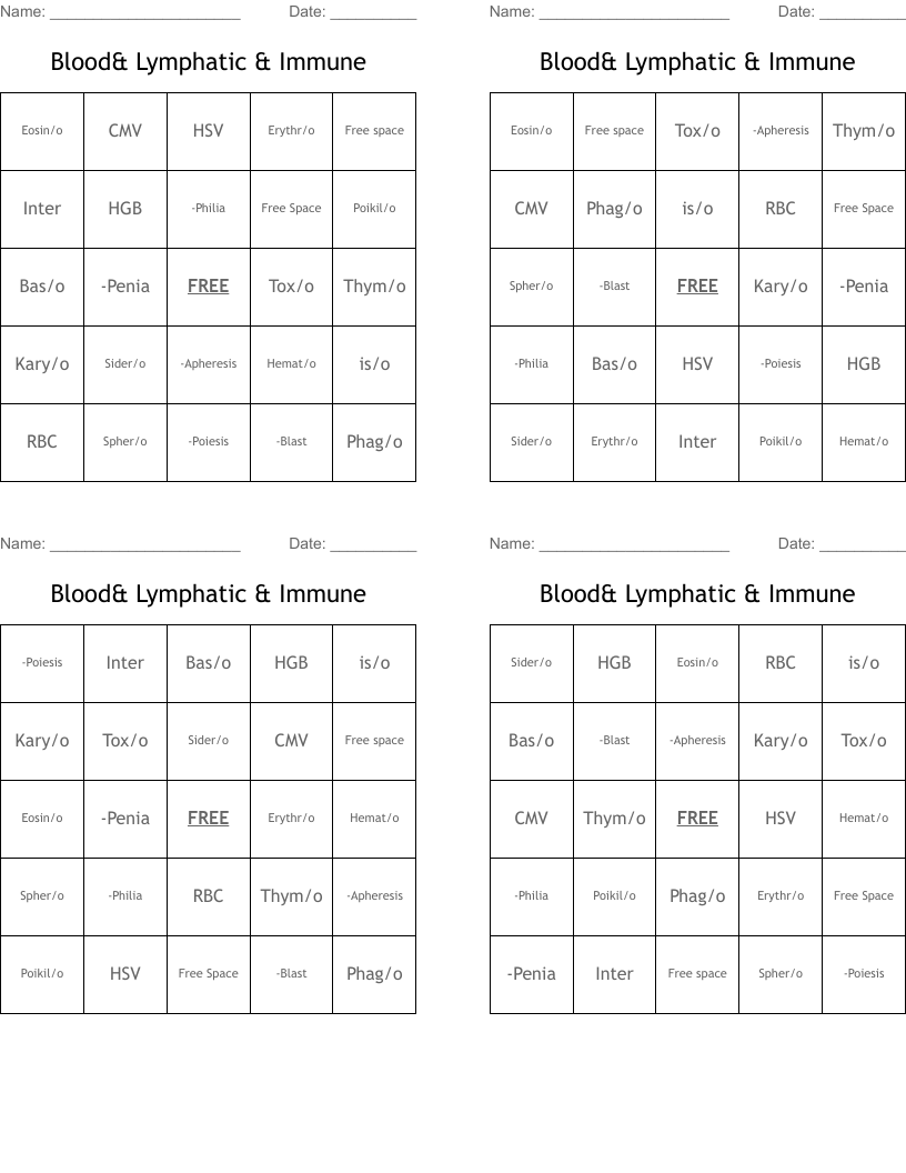Blood& Lymphatic & Immune  Bingo Cards