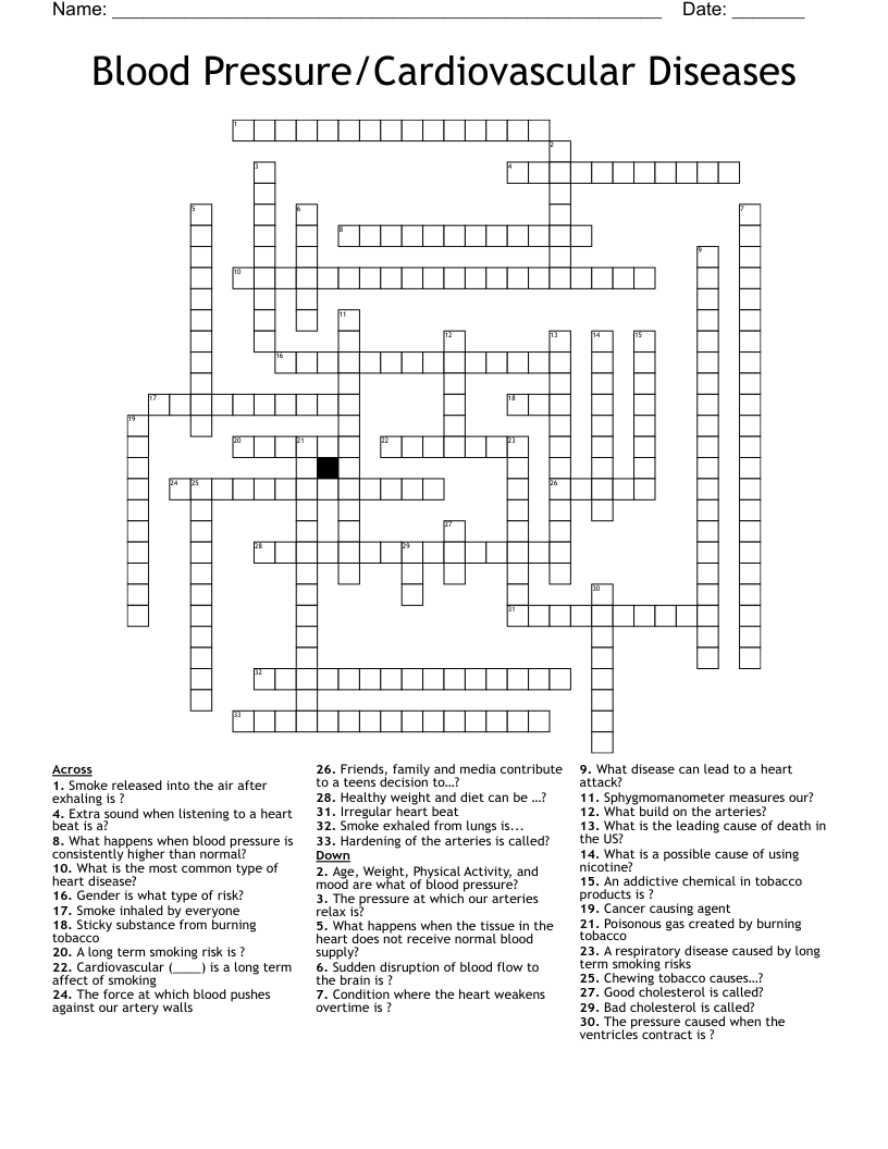 Blood Pressure/Cardiovascular Diseases Crossword