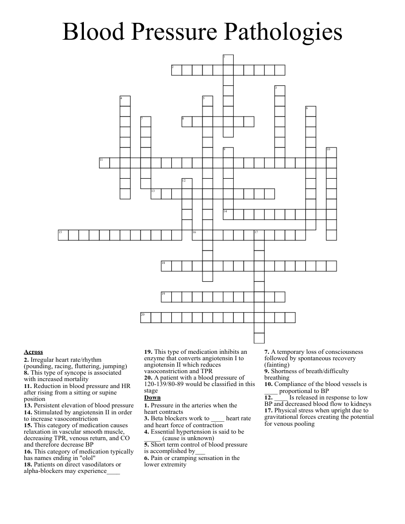 Blood Pressure Pathologies Crossword