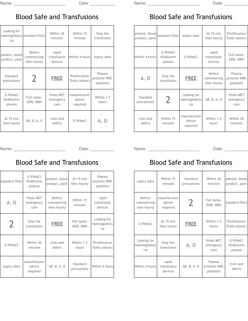 Blood Safe and Transfusions Bingo Cards