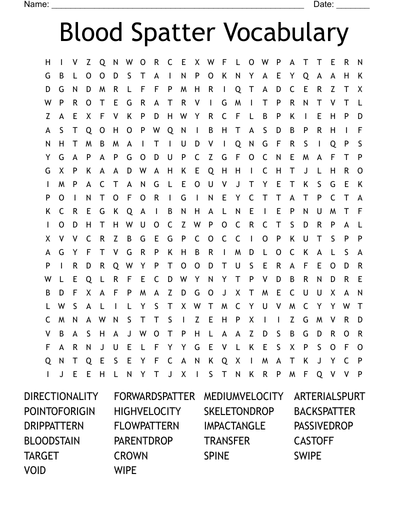 Blood Spatter Vocabulary Word Search