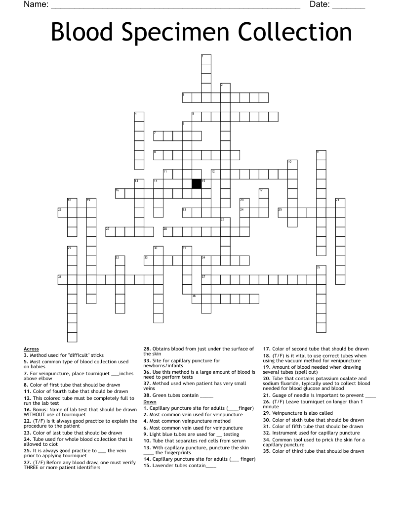 Blood Specimen Collection Crossword