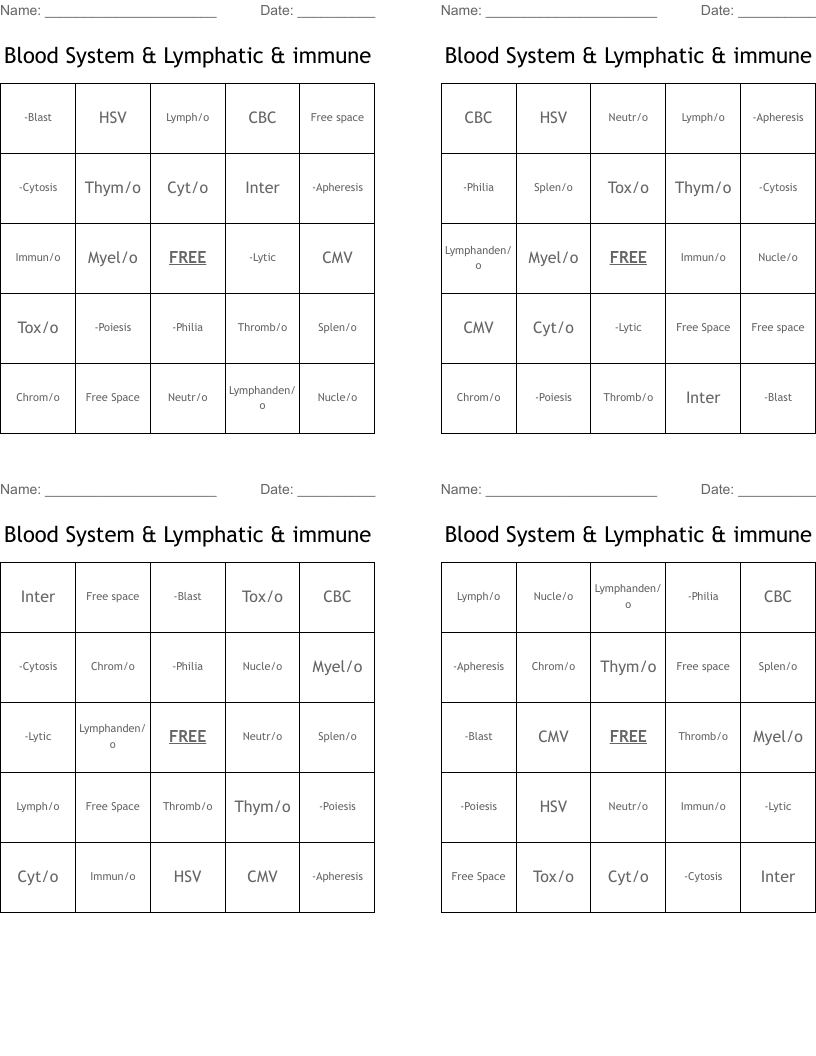 Blood System & Lymphatic & immune  Bingo Cards