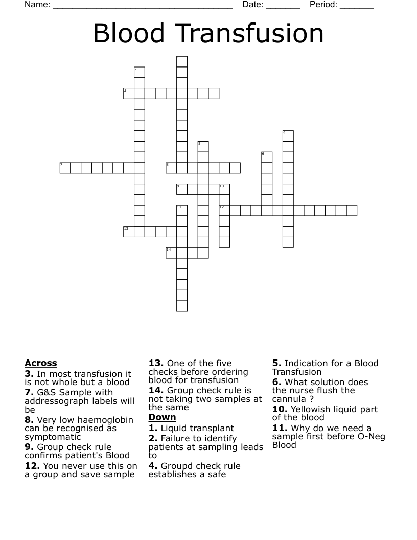 Blood Transfusion Crossword