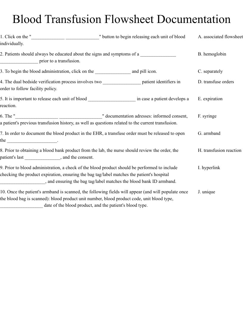 Blood Transfusion Flowsheet Documentation Worksheet