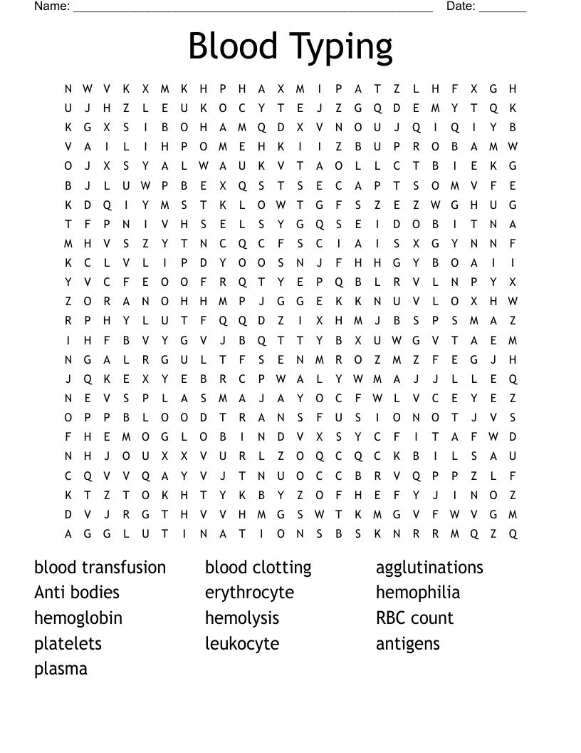 Blood Typing  Word Search