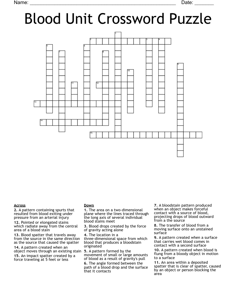 Blood Unit Crossword Puzzle