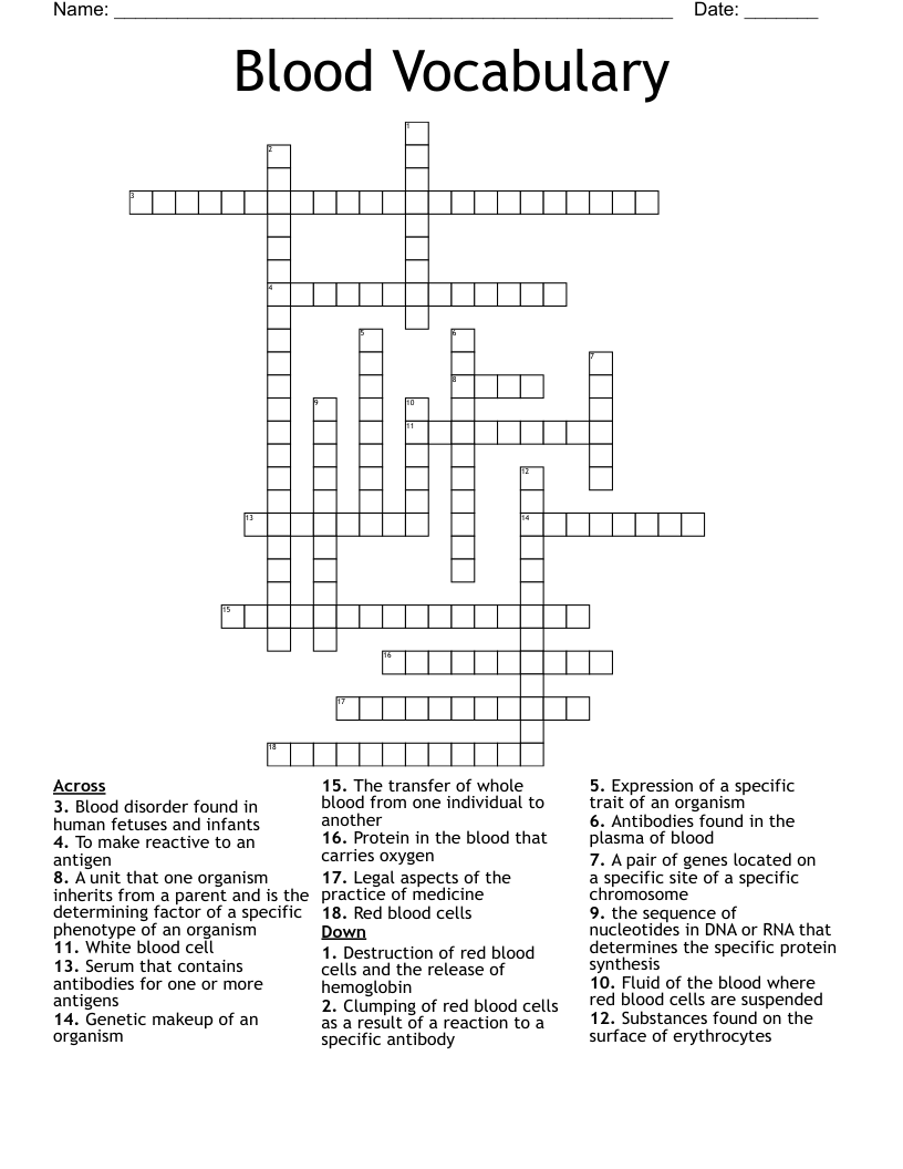 Blood Vocabulary Crossword