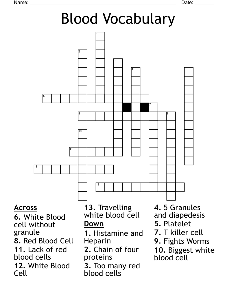 Blood Vocabulary Crossword