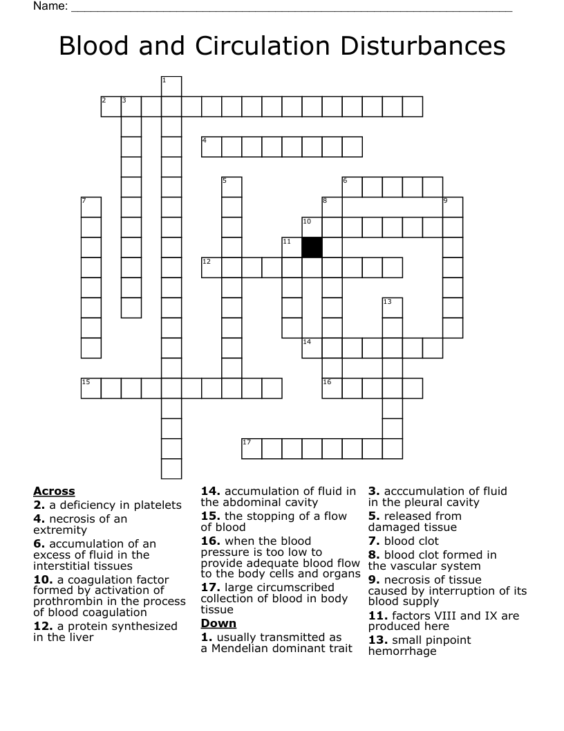 Blood and Circulation Disturbances Crossword