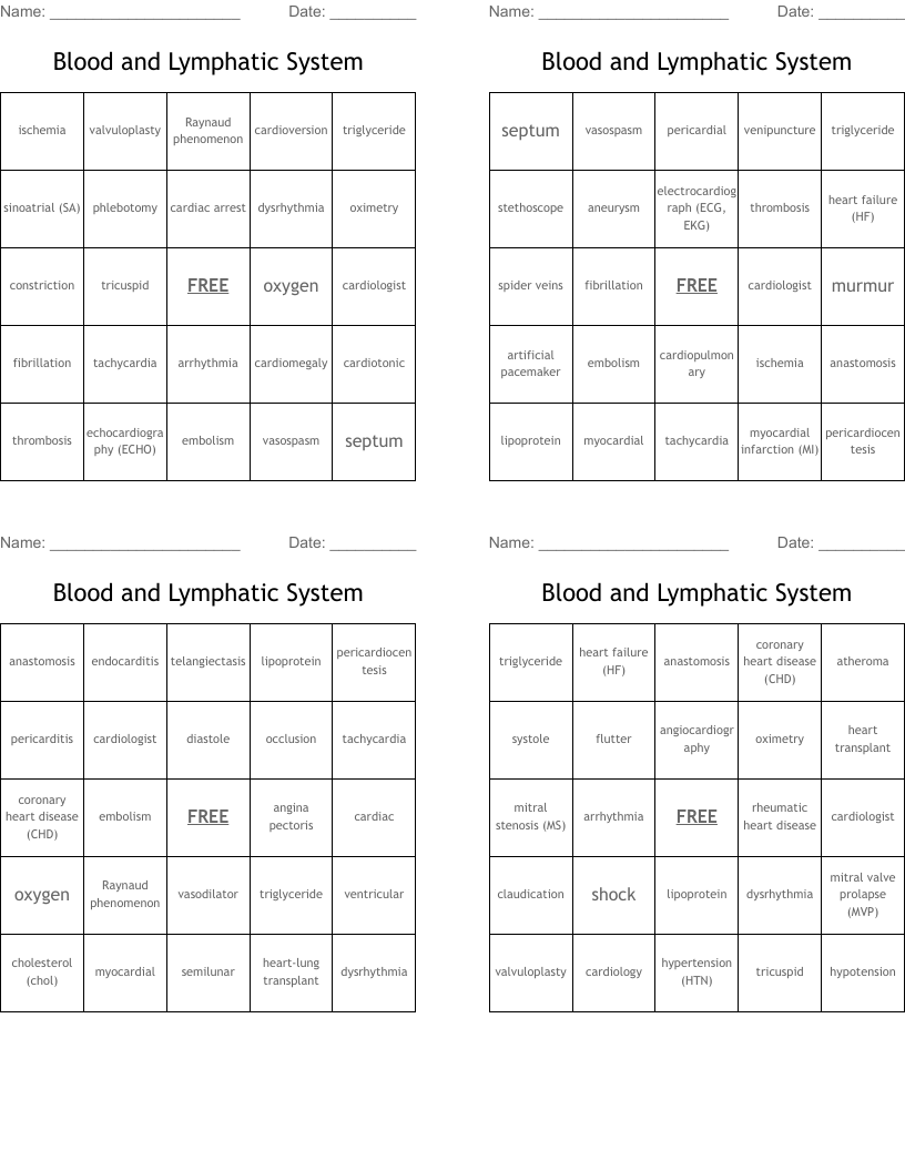 Blood and Lymphatic System Bingo Cards