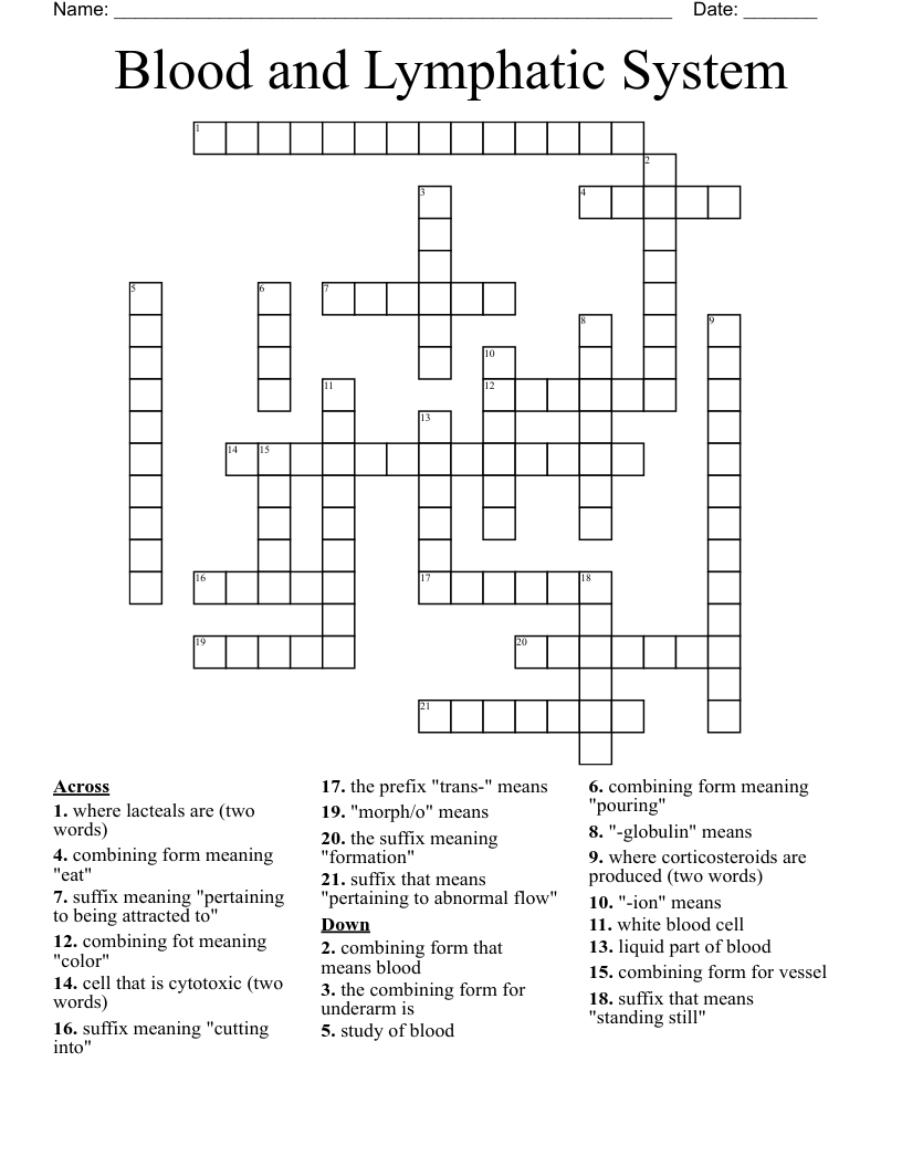 Blood and Lymphatic System Crossword