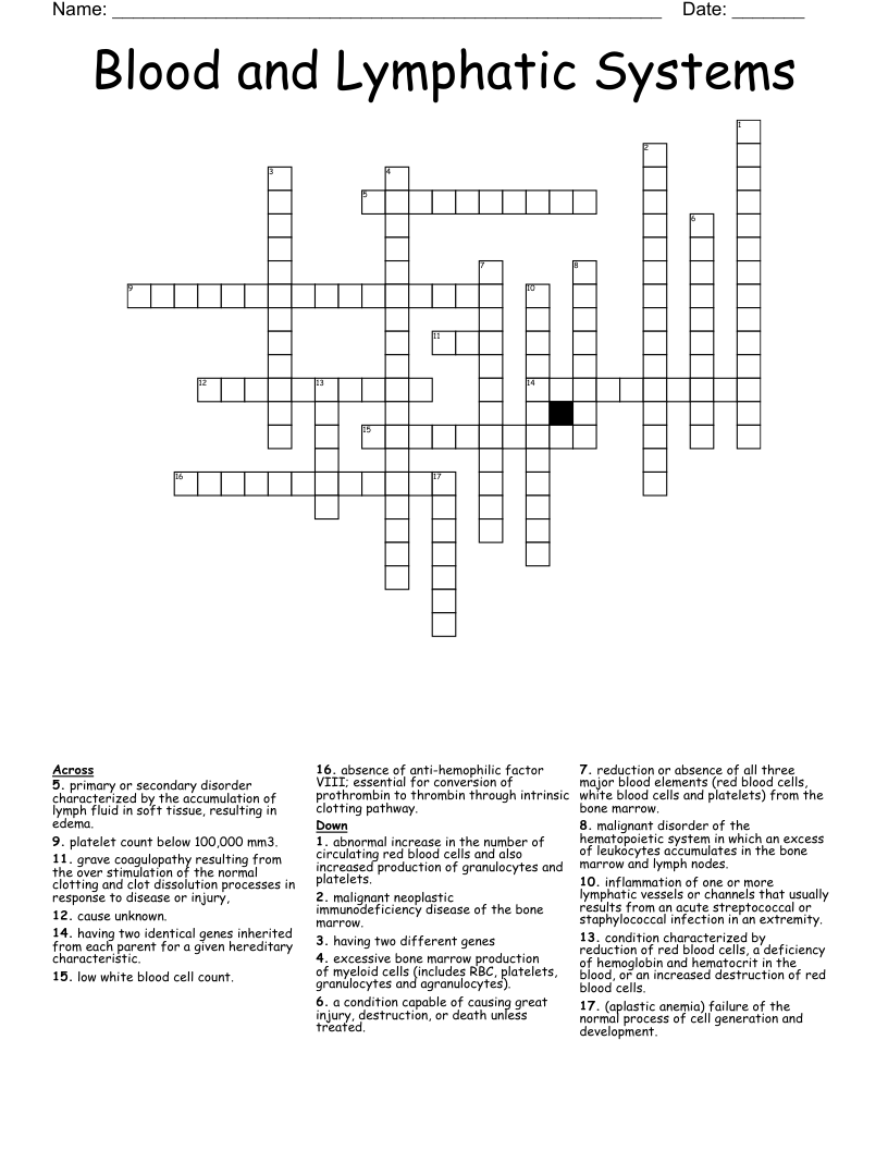 Blood and Lymphatic Systems Crossword
