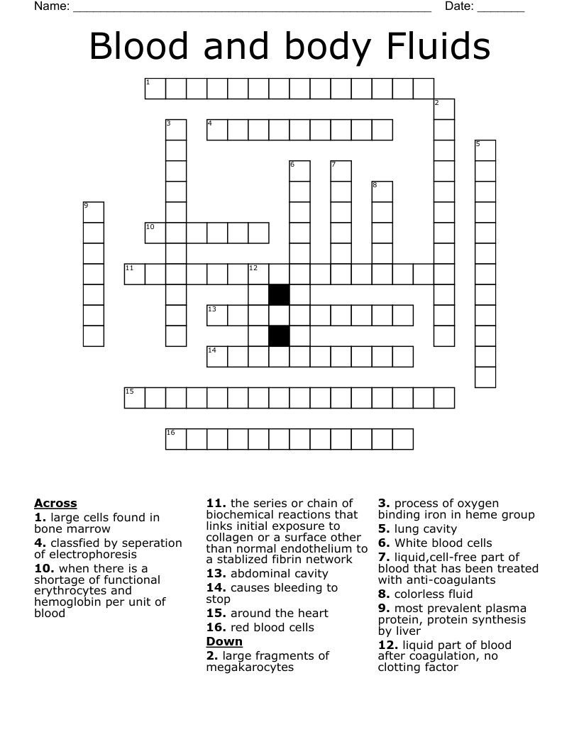 Blood and body Fluids Crossword