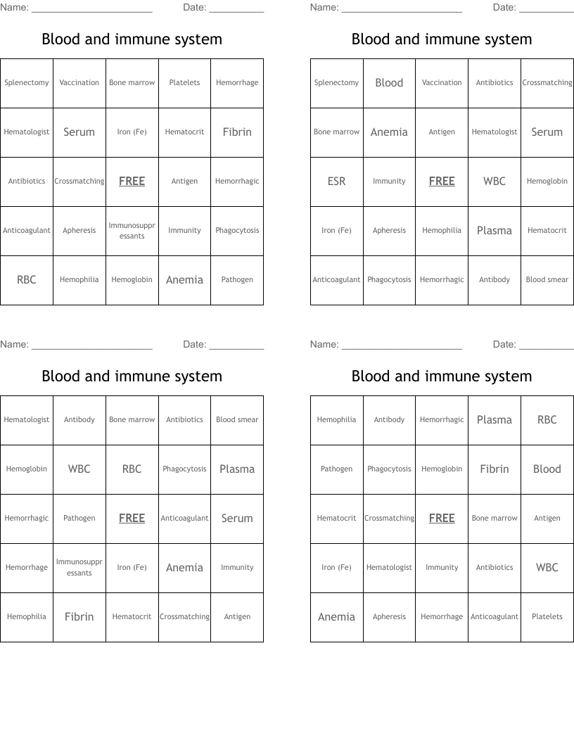 Blood and immune system  Bingo Cards
