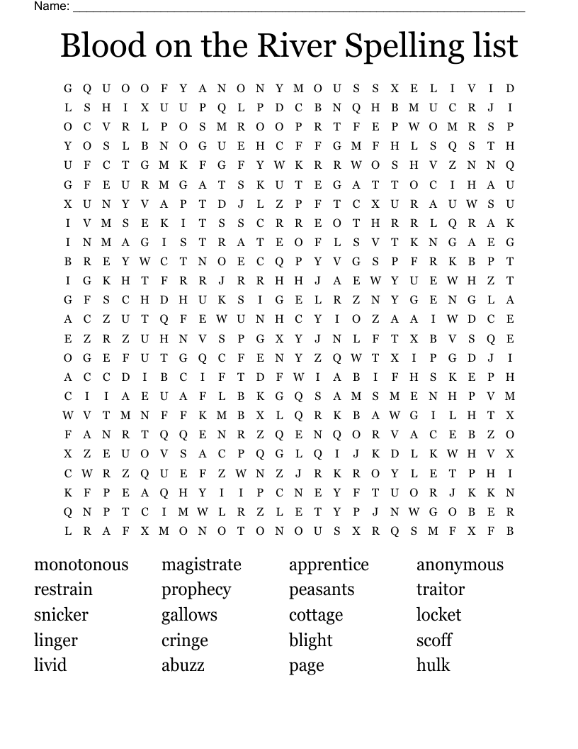 Blood on the River Spelling list Word Search