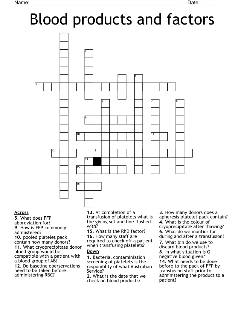 Blood products and factors Crossword
