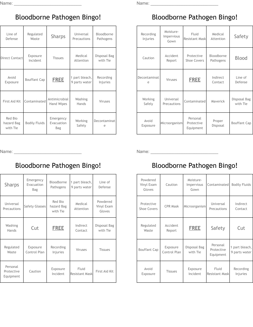 Bloodborne Pathogen Bingo!