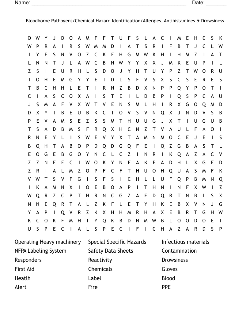 Bloodborne Pathogens/Chemical Hazard Identification/Allergies, Antihistamines & Drowsiness Word Search