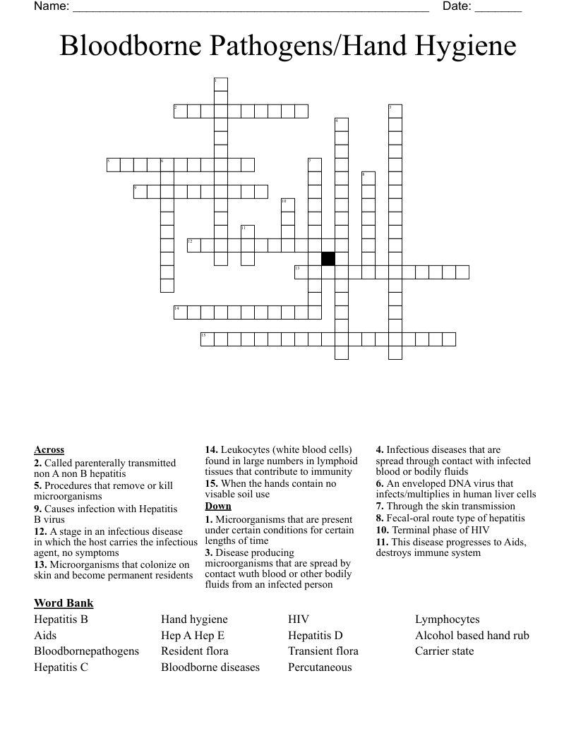 Bloodborne Pathogens/Hand Hygiene Crossword