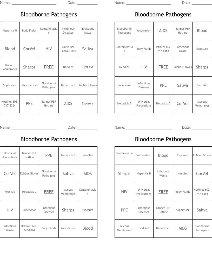 Bloodborne Pathogens Bingo Cards