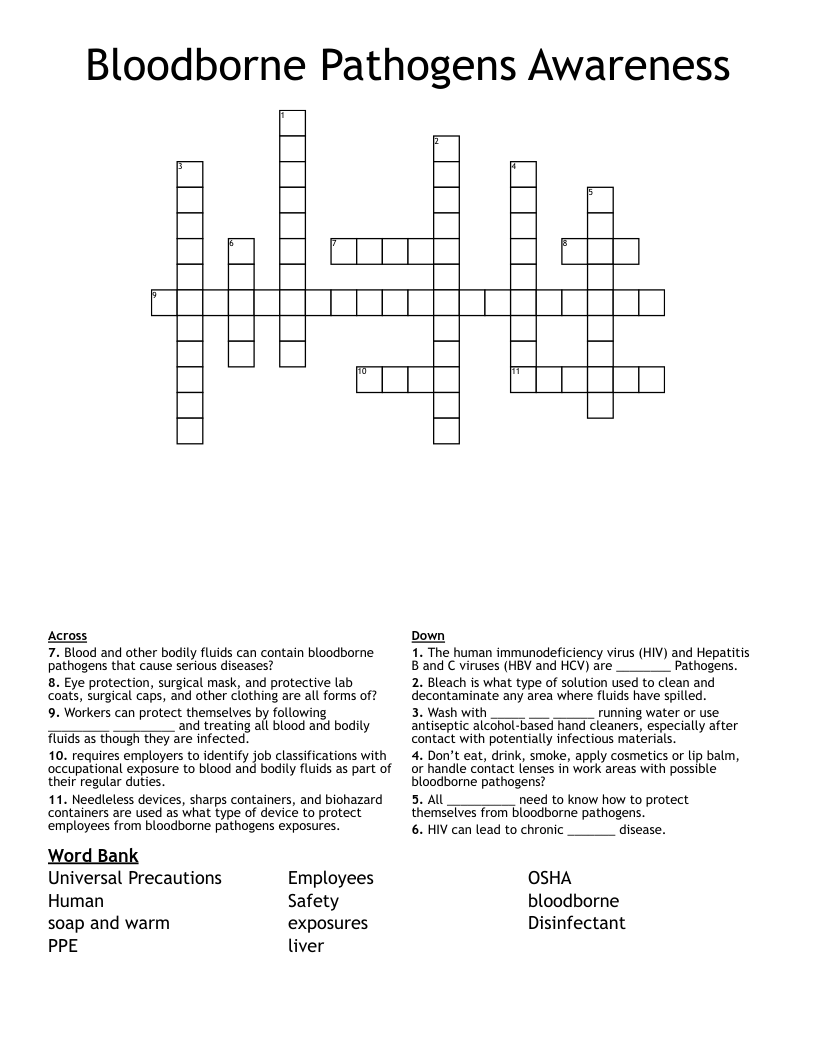Bloodborne Pathogens Awareness Crossword
