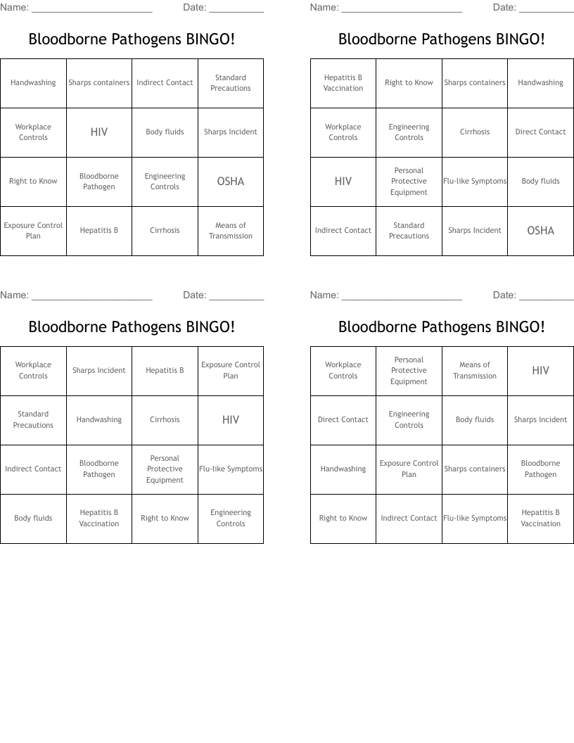 Bloodborne Pathogens BINGO!