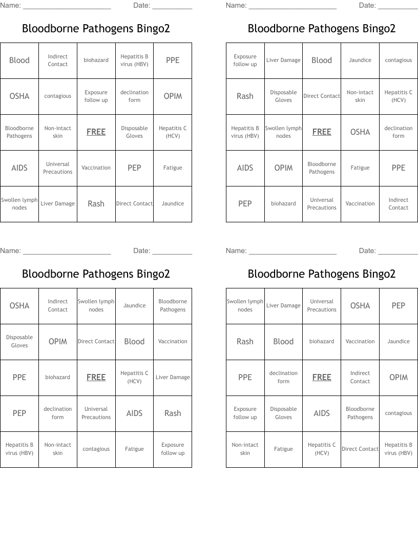 Bloodborne Pathogens Bingo2