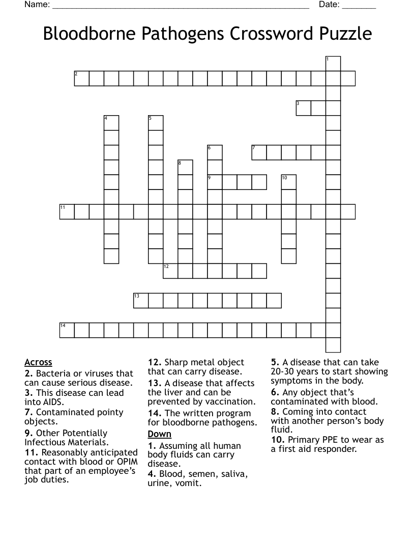 Bloodborne Pathogens Crossword Puzzle