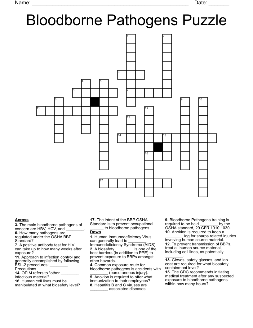 Bloodborne Pathogens Puzzle Crossword