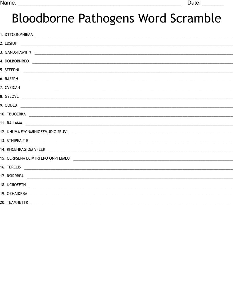 Bloodborne Pathogens Word Scramble