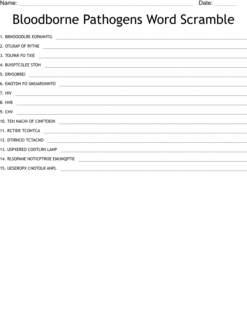 Bloodborne Pathogens Word Scramble