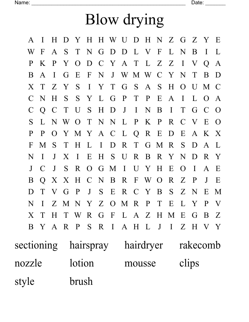 Blow drying Word Search