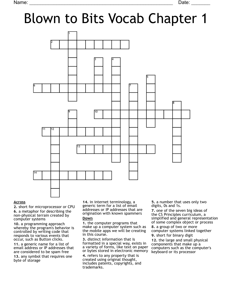 Blown to Bits Vocab Chapter 1 Crossword