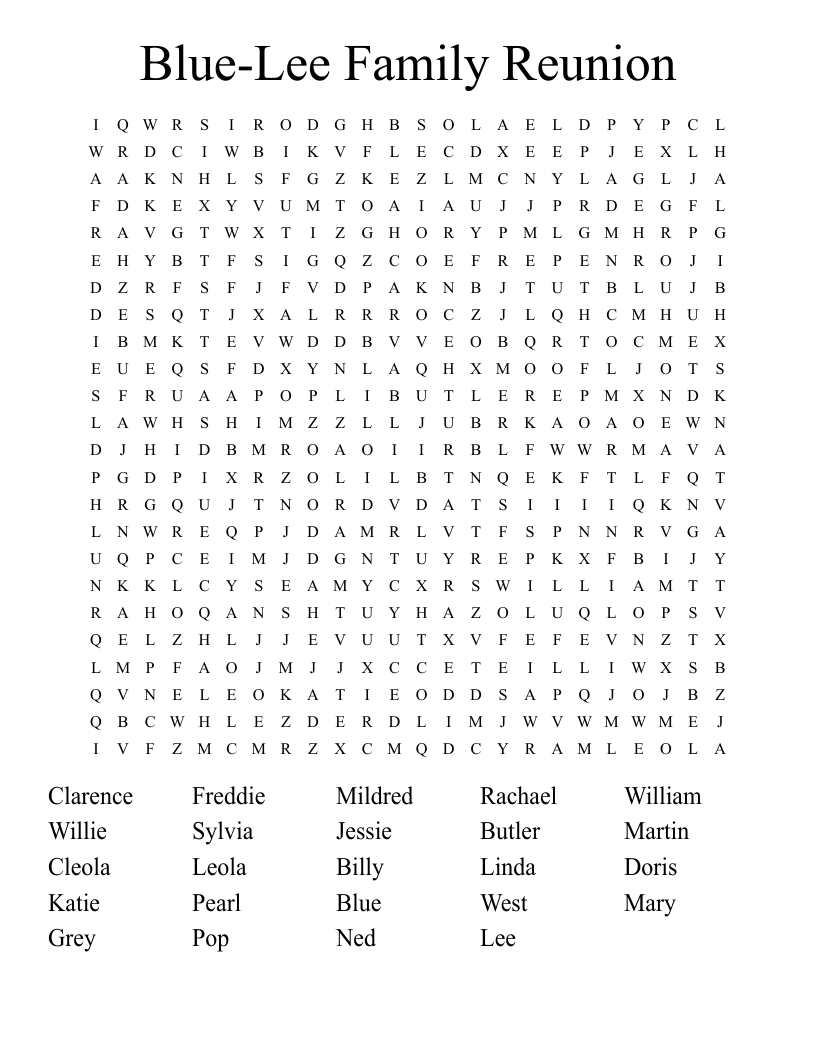 Blue-Lee Family Reunion Word Search