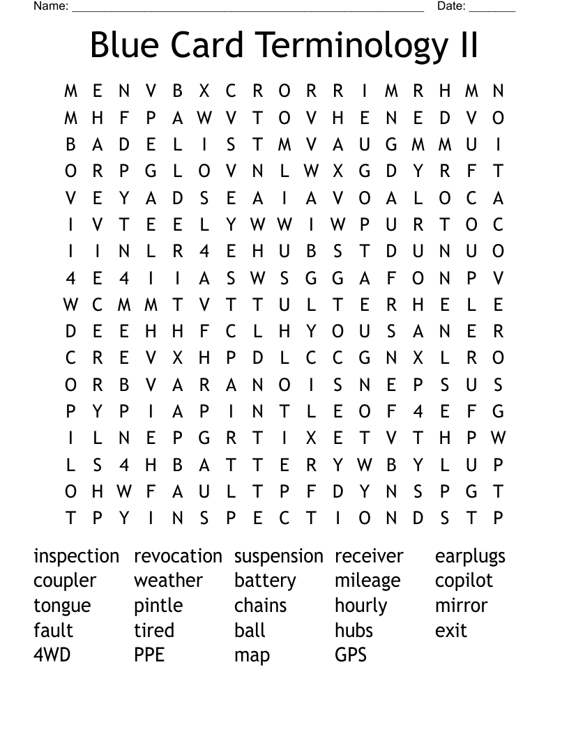 Blue Card Terminology II Word Search