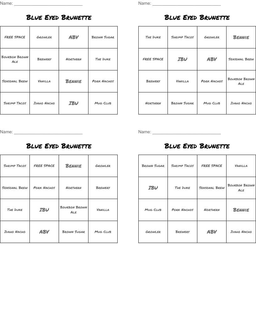 Blue Eyed Brunette Bingo Cards