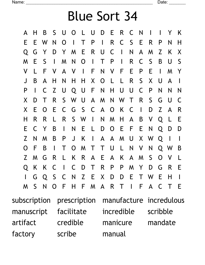 Blue Sort 34 Word Search