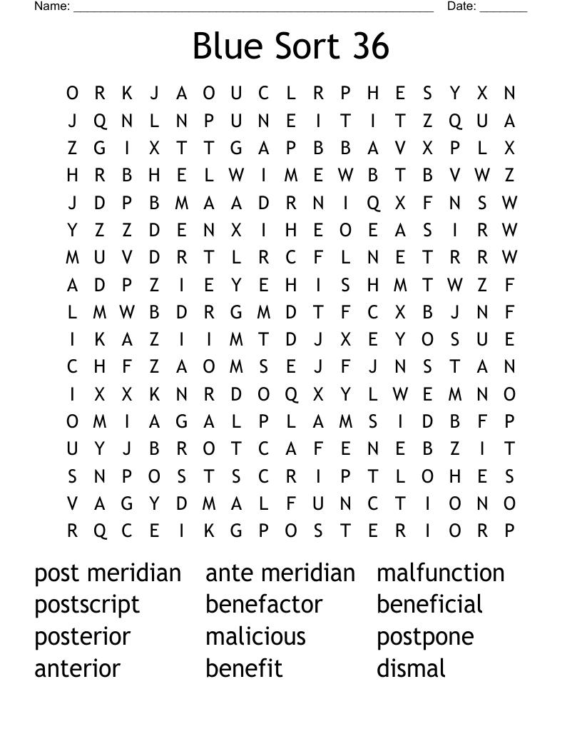 Blue Sort 36 Word Search
