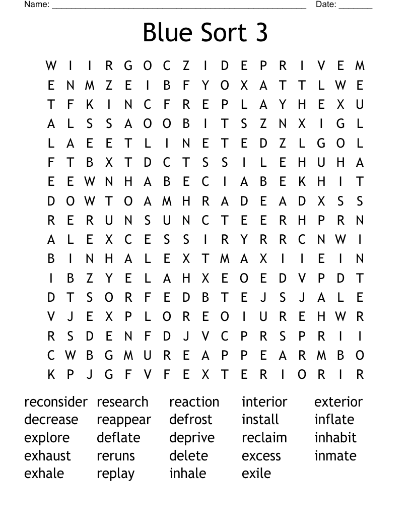 Blue Sort 3 Word Search